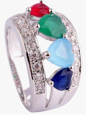 Sterling Silver Multi-Color Heart Gemstone Band Ring - Women Jewelry